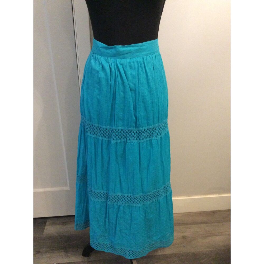 Boho Blue Cotton Tiered Skirt Lace Trimmed Large L Maxi Women's